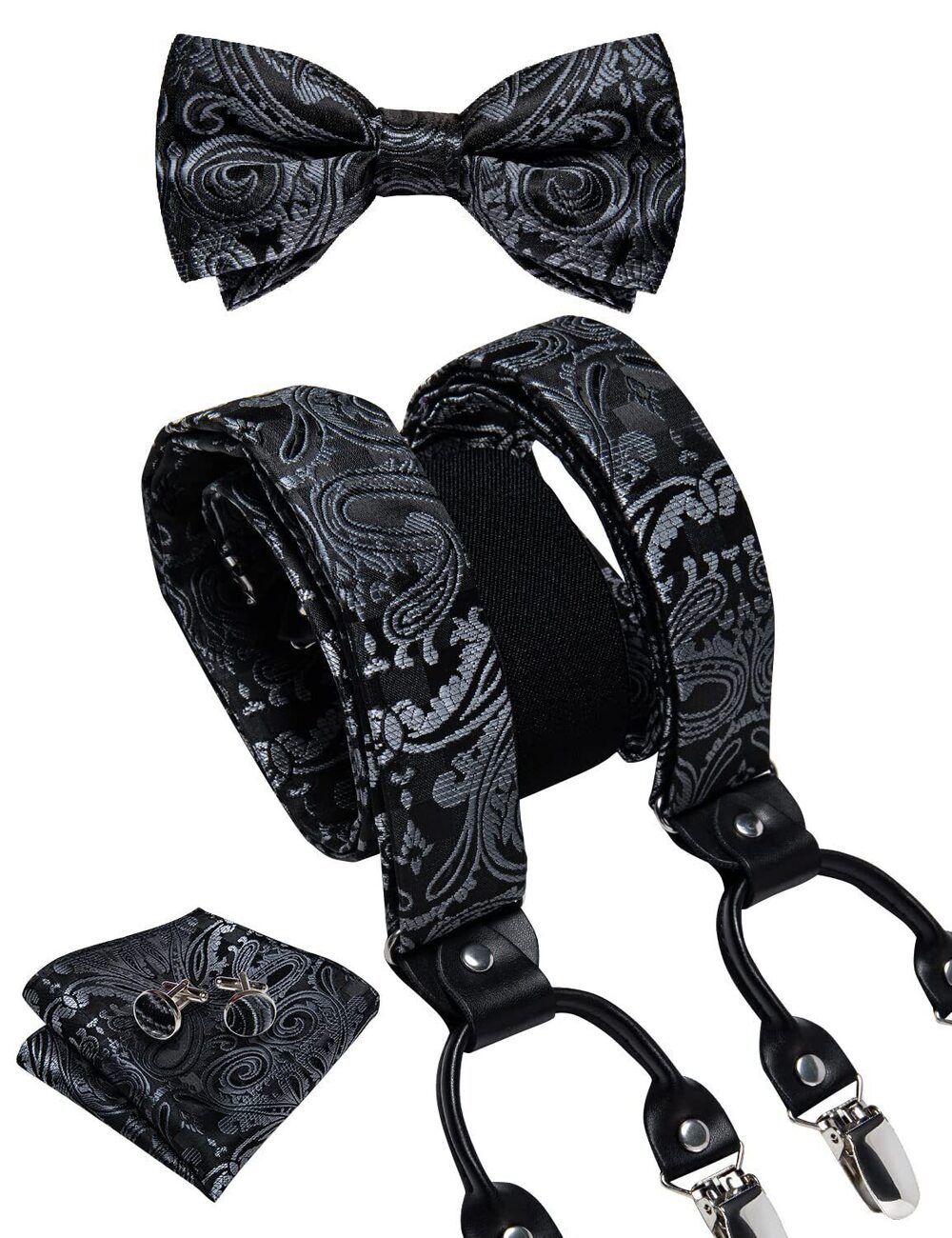 9847 Black Suspenders Heavy Duty Paisley Suspenders and Bow Tie Set